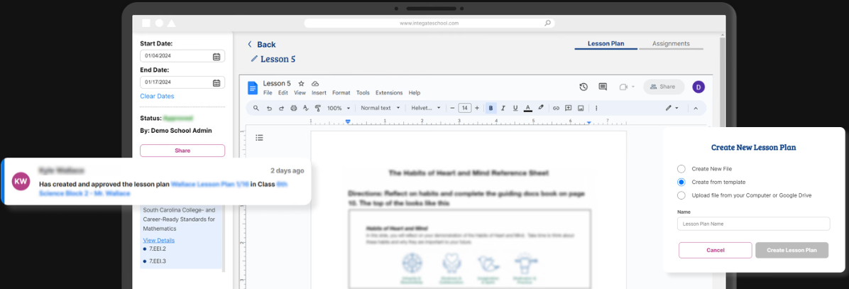 Integrate School lesson plan editor with Google Docs integration and approval notification