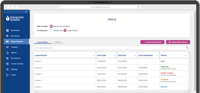 Lesson plan history with approval statuses